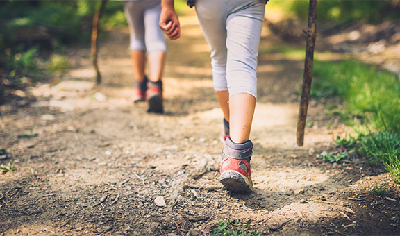 Children hiking in mountains or forest with sport hiking shoes. Girls or boys are walking trough forest path wearing mountain boots and walking sticks. Frog perspective with focus on the shoes.